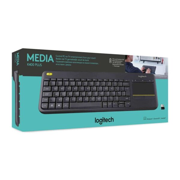 Logitech K400 Plus Wireless Touch With Easy Media Control & Built-in Touchpad HTPC Keyboard for PC-connected TV, Windows, Android, Chrome OS, Laptop, Tablet - Black